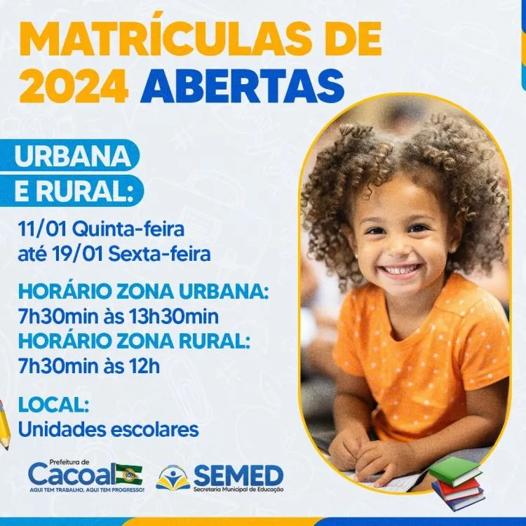 SEMED Cacoal anuncia abertura de matrículas para o ano letivo de 2024