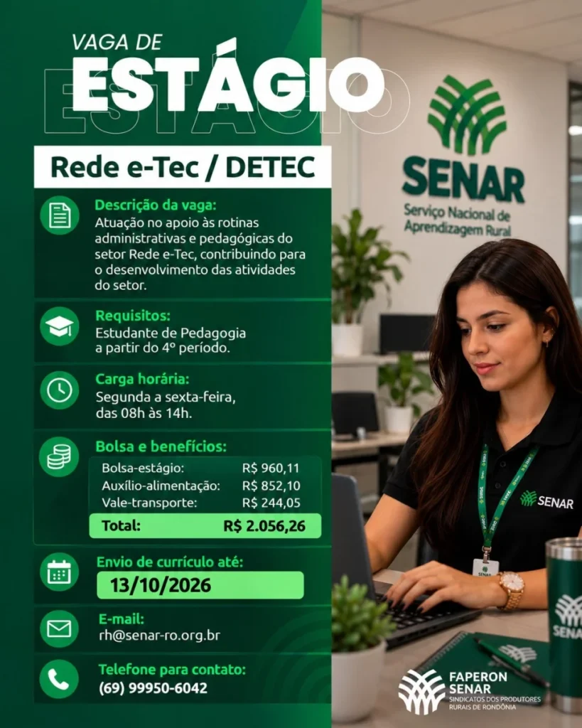 Vaga de estágio em rede e-tec/detec no Senar