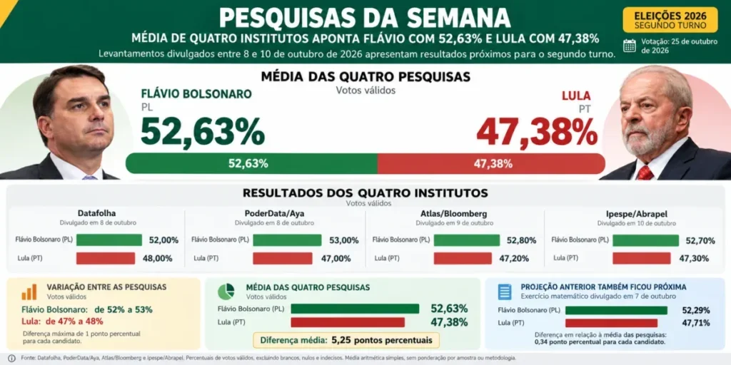 Pesquisas da semana: média de quatro institutos aponta Flávio com 52,63% e Lula com 47,38%